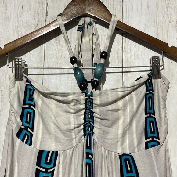 Venus Womens Beaded Halter Maxi Dress Turquoise White Floral Geometric Size M - Picture 2 of 5